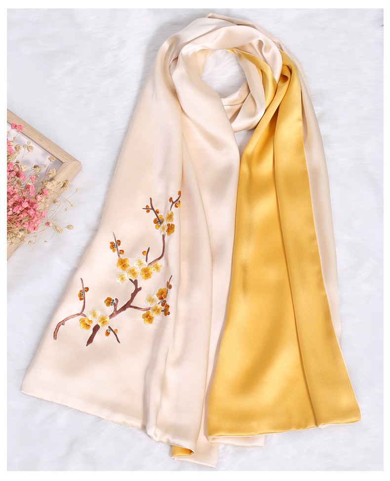 登戴品牌丝巾女围巾双层苏州刺绣真丝梅花旗袍蚕丝披肩中国风礼品金色
