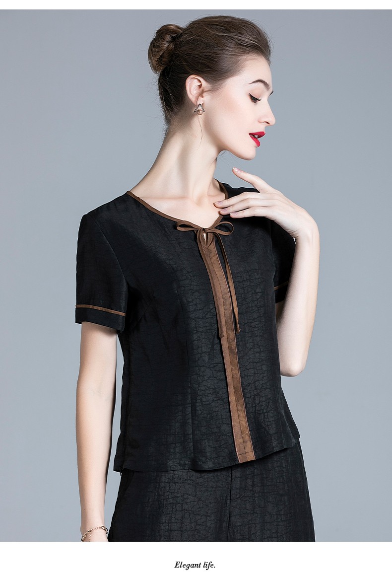 衣路香随品牌高端真丝龟纹香云纱上衣女短款宽松系带显瘦桑蚕丝t恤夏