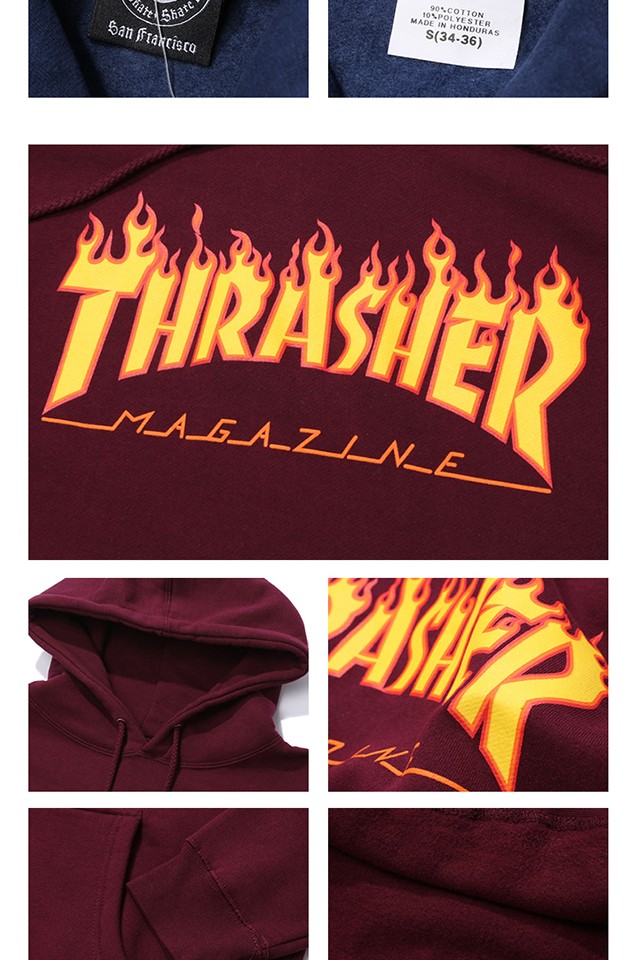 thrasher官方flamehood经典火焰连帽卫衣秋装帽衫男女外套白色m