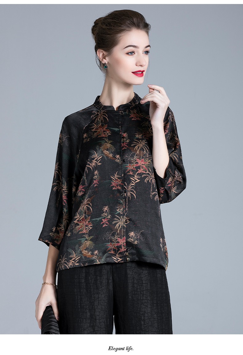 衣路香随 中老年妈妈高端真丝香云纱上衣女大码复古印花宽松显瘦桑