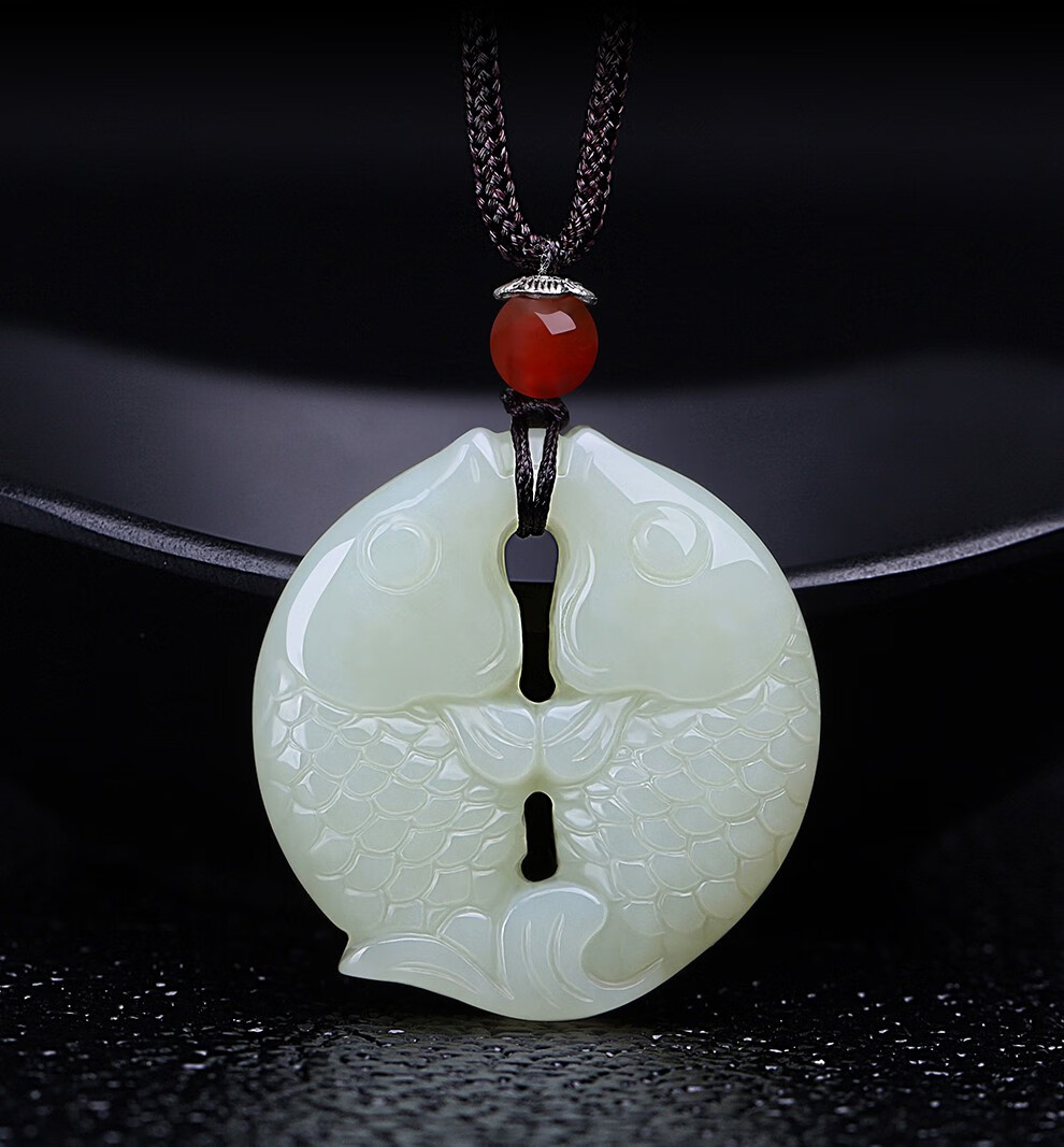 瑱瑜珠宝和田玉白玉吊坠玉石金鱼男女双鱼挂件颈饰款式二