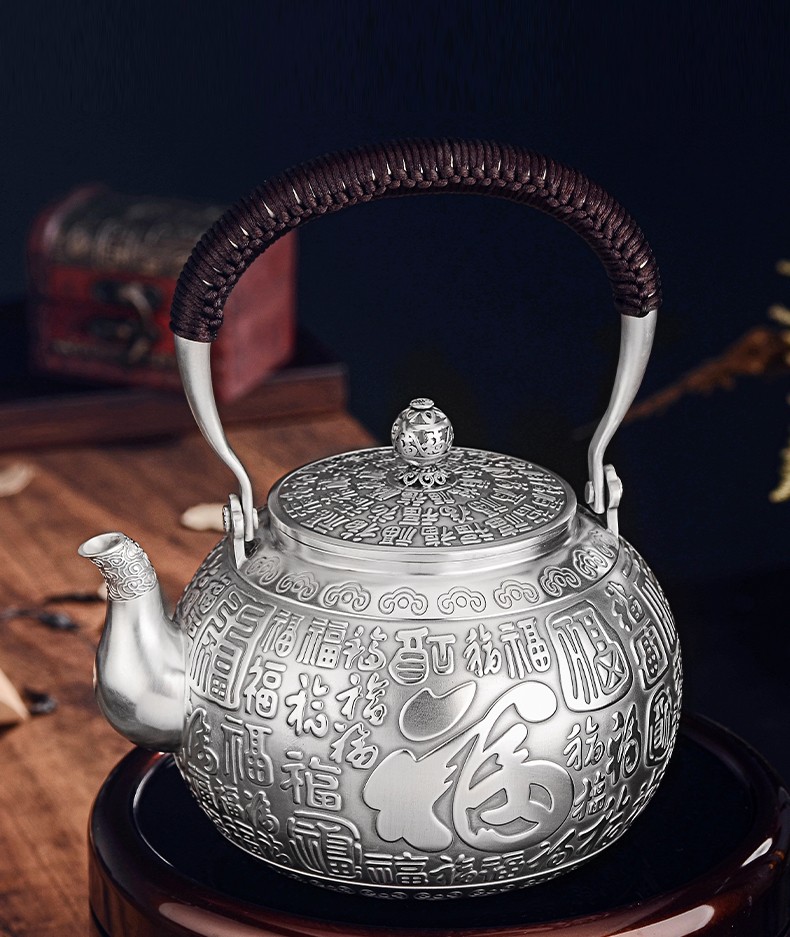 银器天下银壶999足银泡茶壶百福银茶具套装烧水壶隔热实用银茶杯防烫