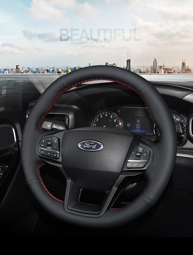 款锐际福克斯21款锐界领界改装手缝真皮方向盘套20款探险者真超纤红线