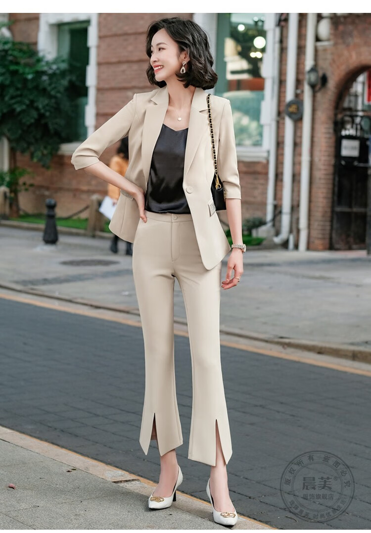 工装设计感小众酒店前台美容师工作服卡其色外套西裤3028黑吊带3xl