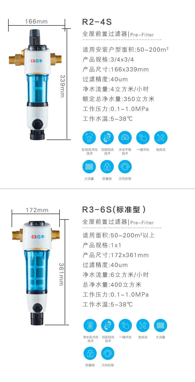 日丰前置过滤器全屋自来水虹吸反冲洗中央qz201净水机r23s3吨万向25mm