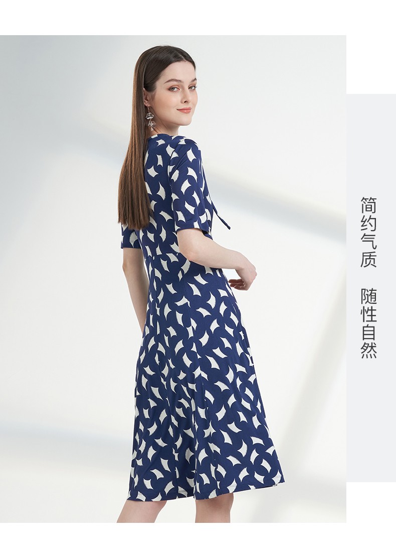 商场同款鹿王连衣裙女真丝中长款圆领修身透气显瘦春夏新款952140061