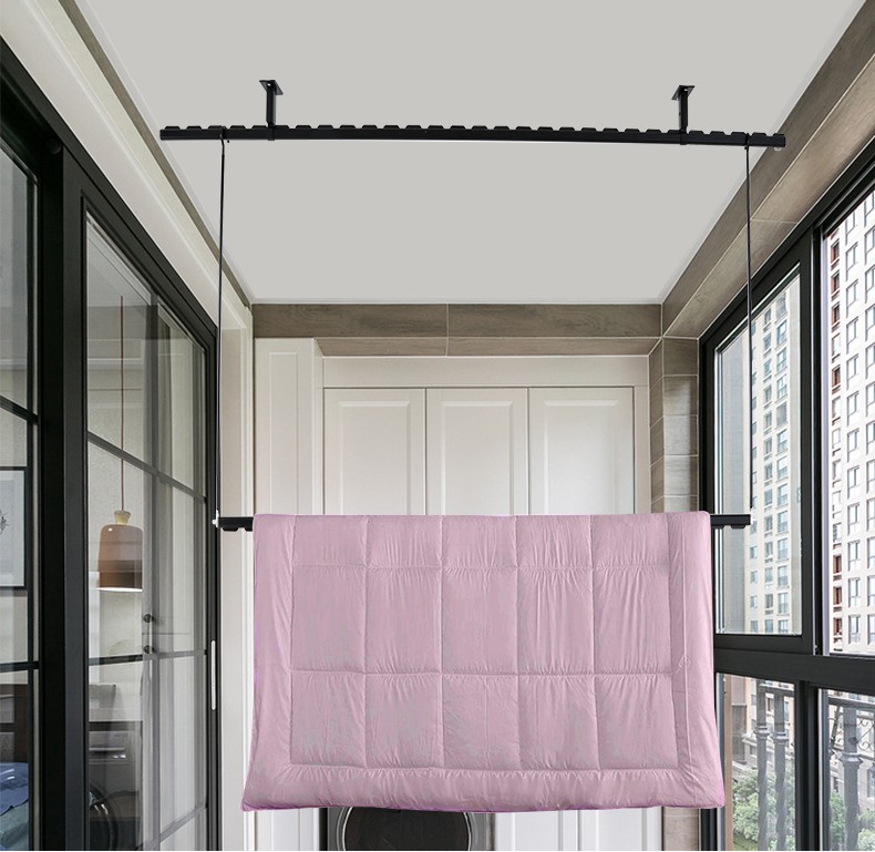 艾尚居 晒被子神器阳台室内晾衣杆单杆折叠免打孔铝合金挂衣杆带挂钩