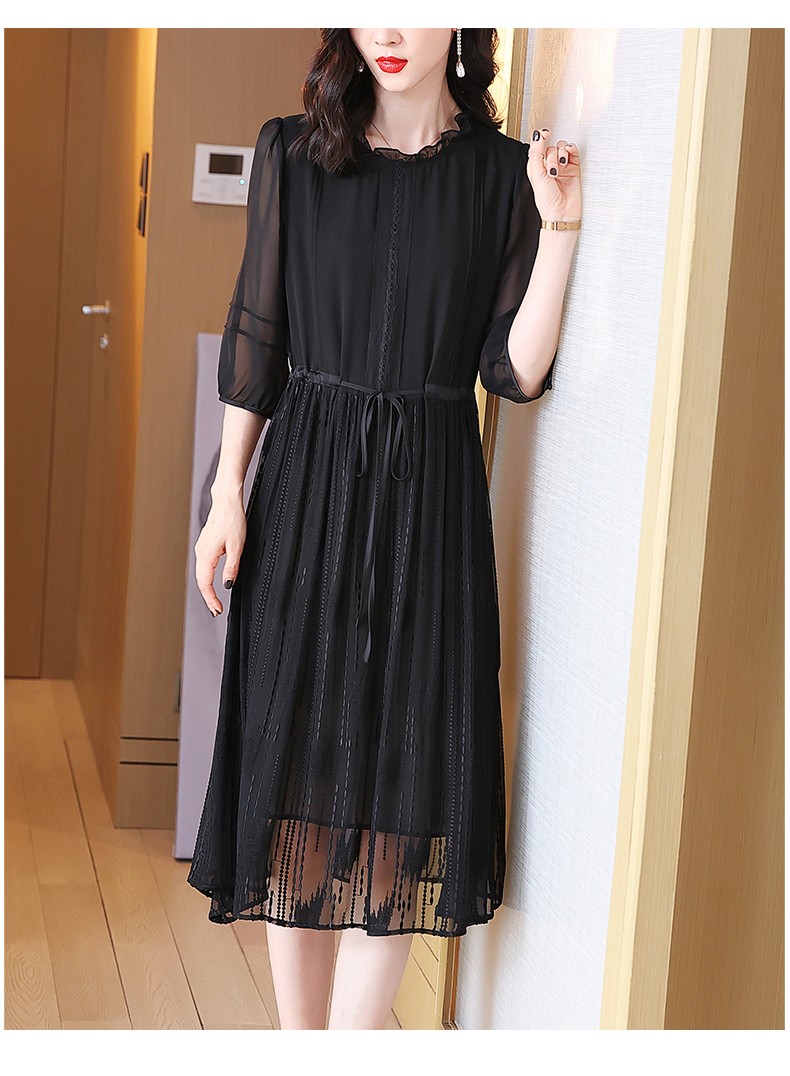 真丝连衣裙女2022新款黑色桑蚕丝小众设计感中长款气质裙子女装黑色l