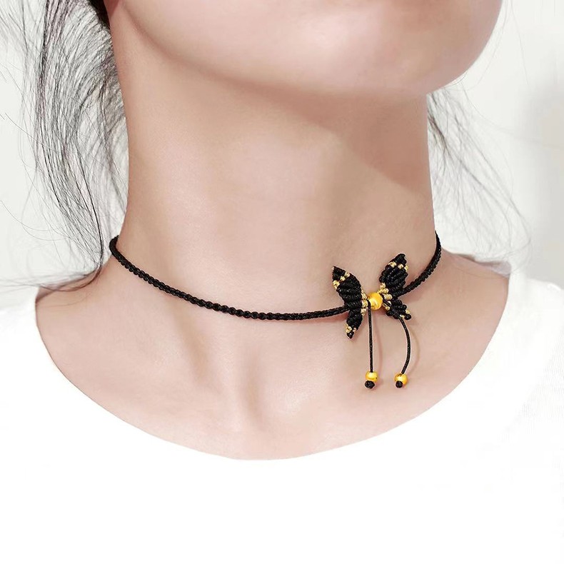 福笑999足金猫眼金珠蝴蝶结编绳黄金项链黑色手工编绳脖链女网红气质