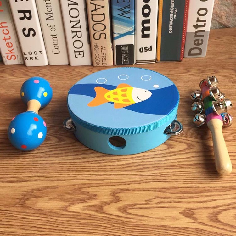 儿童手摇铃铛玩具木制乐器套装玩具组合蓝熊蓝拨浪鼓七件套
