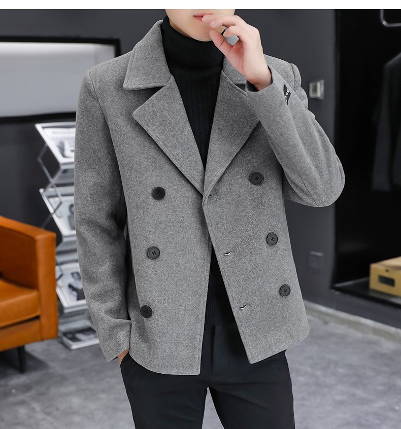 猎牧鹰秋冬中青色短呢子大衣男西装领毛呢大衣男士韩版帅气呢子外男