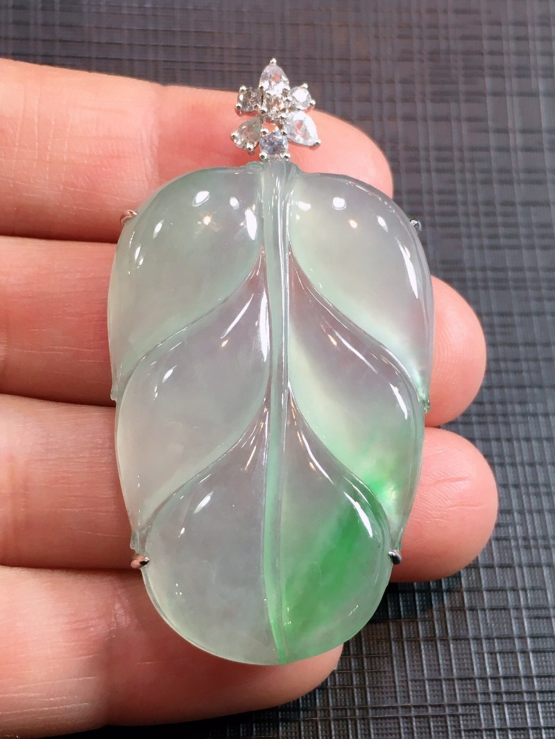 玉佳佳高冰飘阳绿树叶翡翠吊坠18k金镶嵌女款送礼玉坠珠宝挂件整体