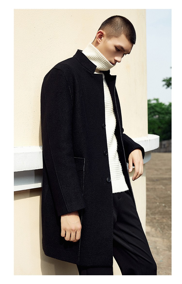 riverstone男装男士羊毛大衣中长款冬季新款韩版修身毛呢外套男黑色s