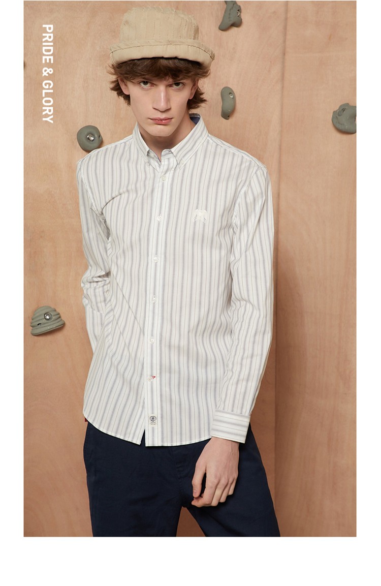 plory男士衬衣春季新款简约条纹休闲刺绣长袖衬衫男海军蓝180