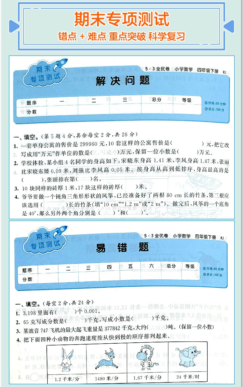 2021版53全优卷四年级下册试卷数学配套部编人教版教材小学4年级下53