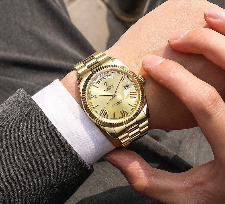 cadisen卡迪森男士全自动机械手表2021新款商务钢带时尚日历防水腕表