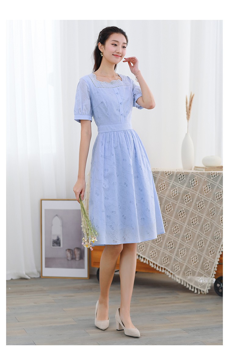 勿忘花品牌纯棉连衣裙女夏2021夏季新款蓝色方领泡泡袖中长款裙子