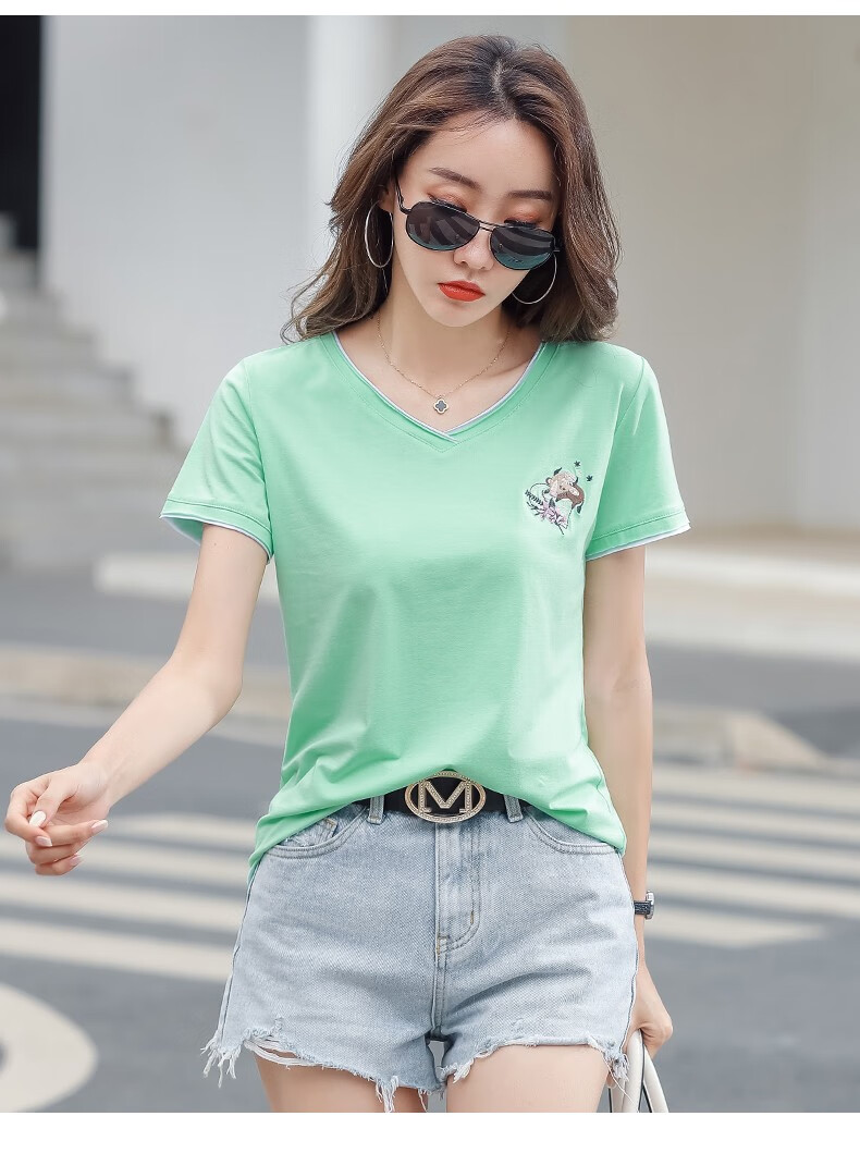 瓦塔诺夏装v领新款甜美可爱短袖t恤女生衣服上衣女装体恤衫粉色l105