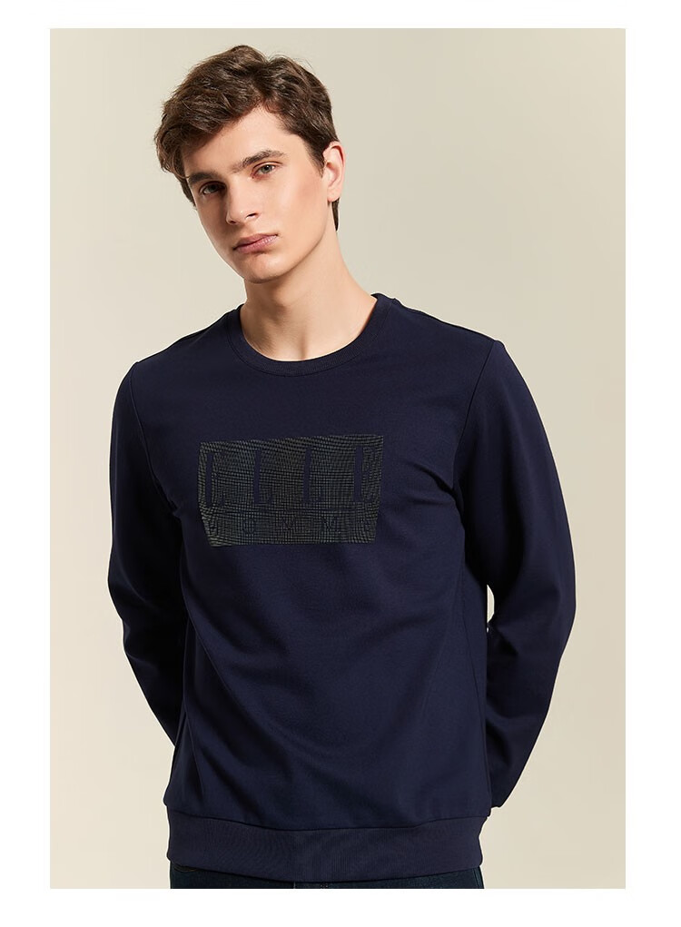 ellehomme卫衣男弹力舒适潮流印花logo打底长袖男圆领卫衣深海蓝46