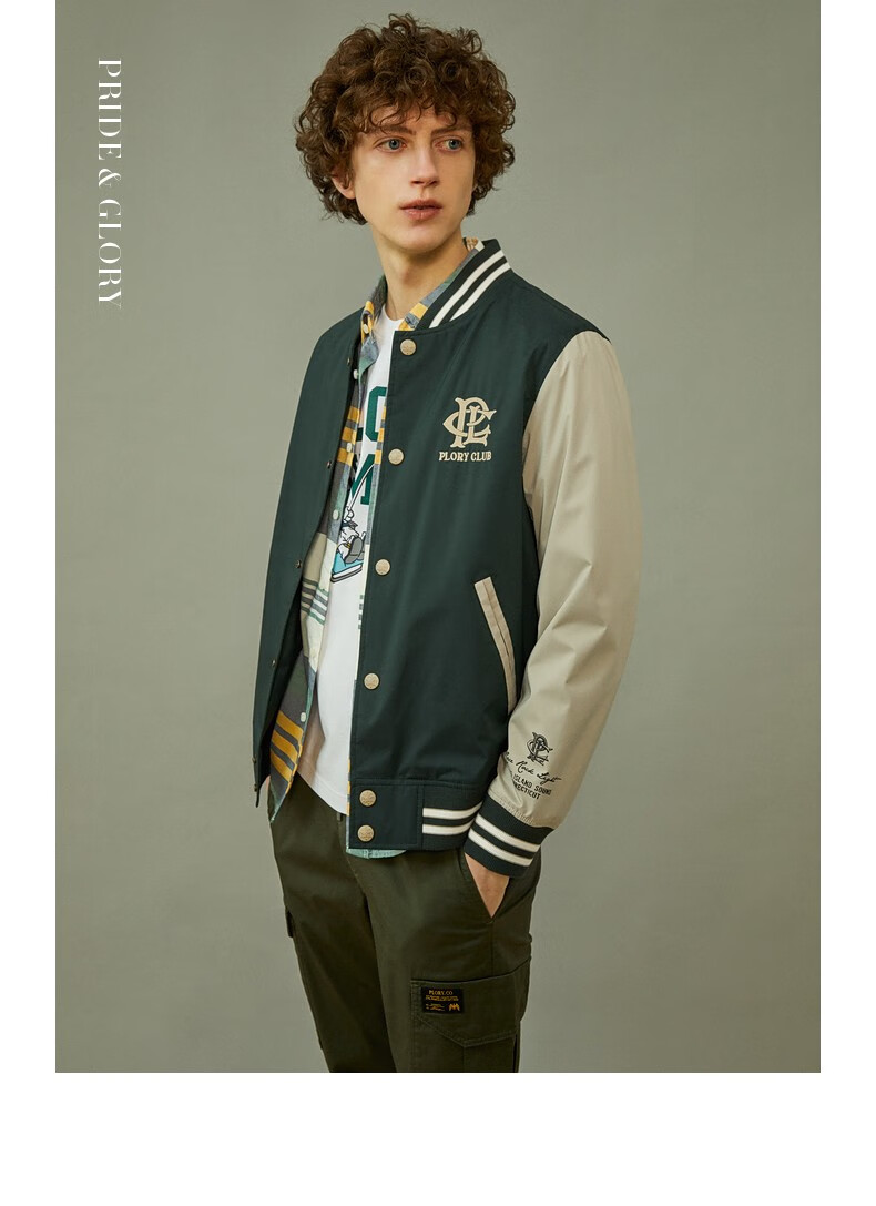 plory春夏新款撞色袖子背后刺绣男士棒球服夹克pojjb2301p藏青色185