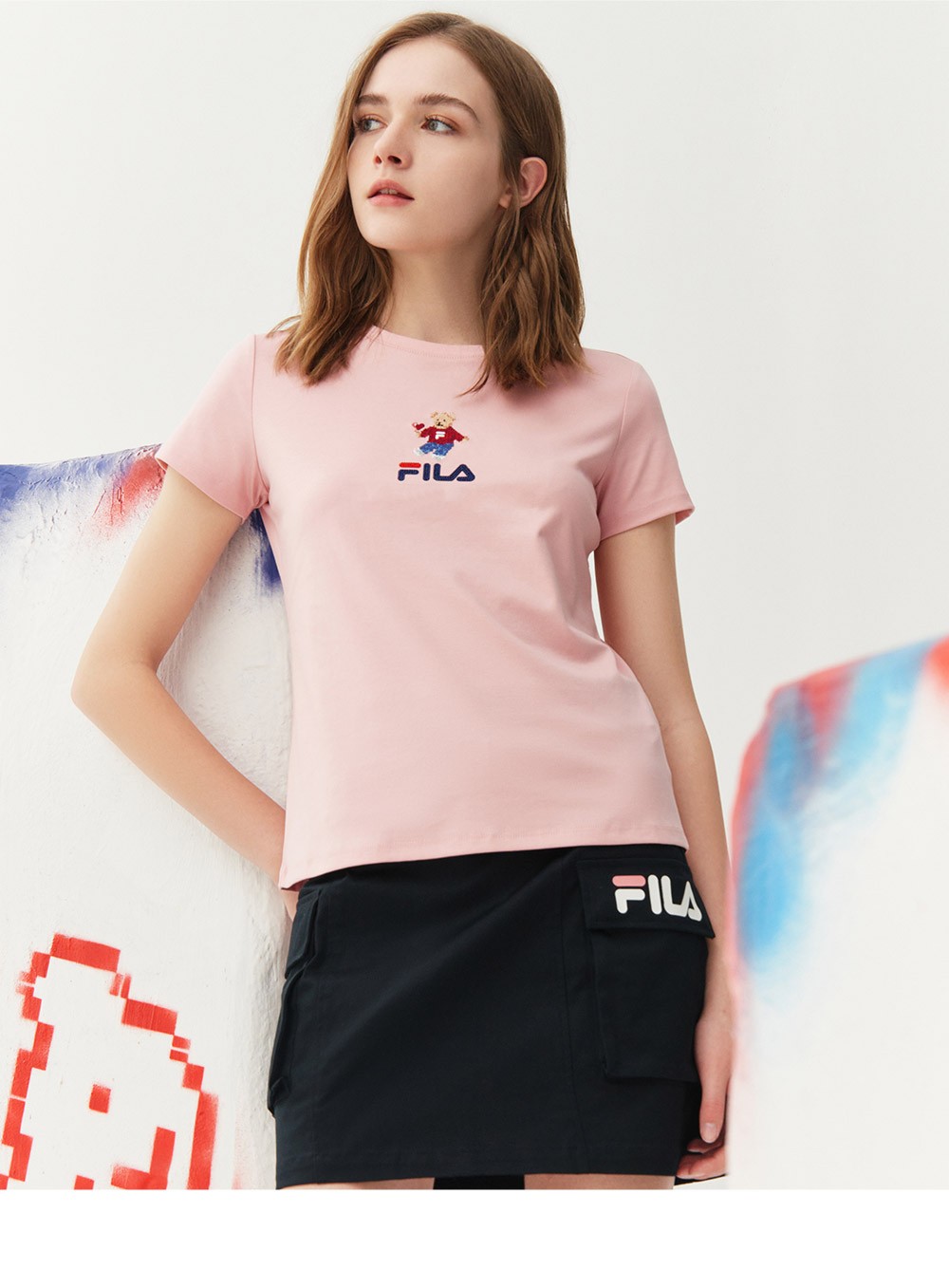 fila斐乐短袖女士t恤夏季新款舒适经典针织短袖小熊t上衣海军小熊t正