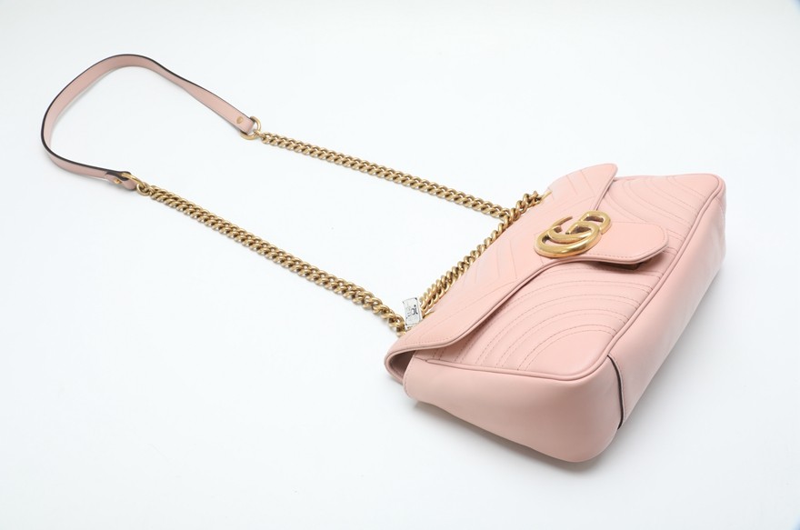 二手95新古驰guccimarmont26中号樱花粉牛皮单肩斜挎包女士包袋