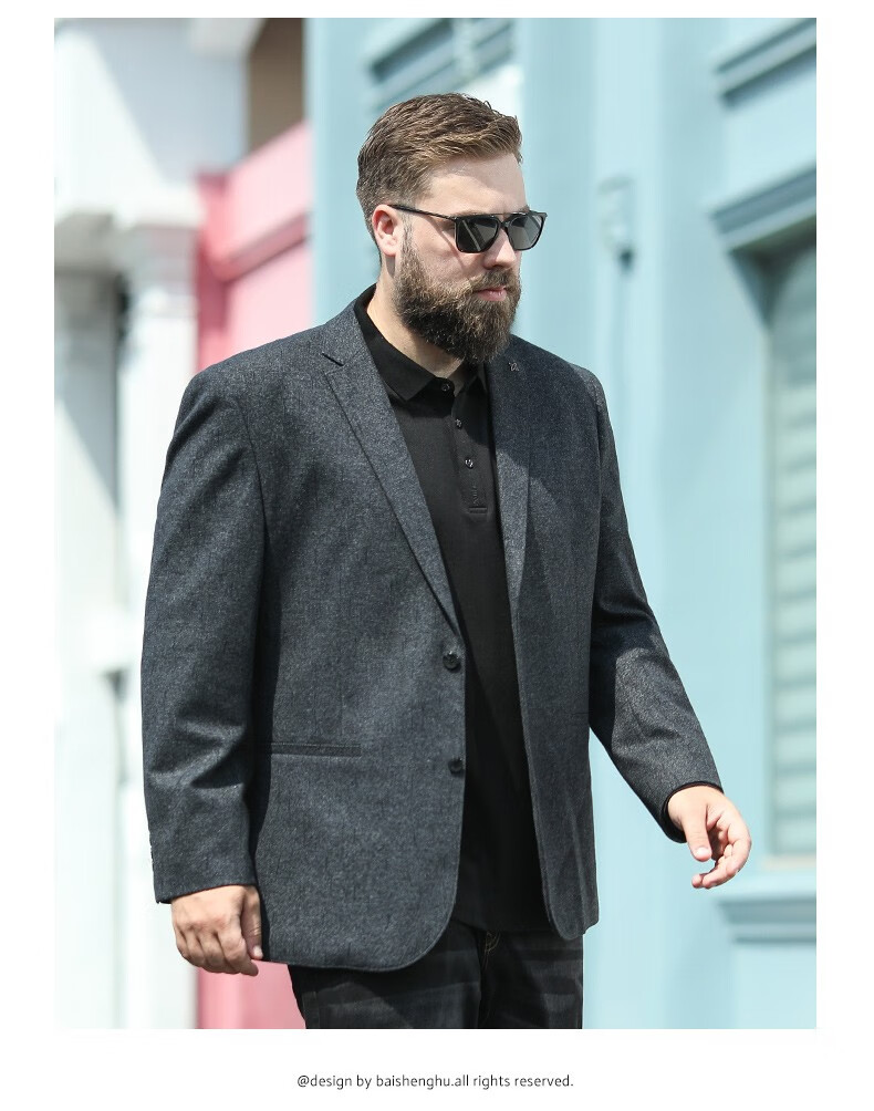 百胜狐大码男装中年商务休闲正装西服秋冬加肥加大胖子西装外套 黑