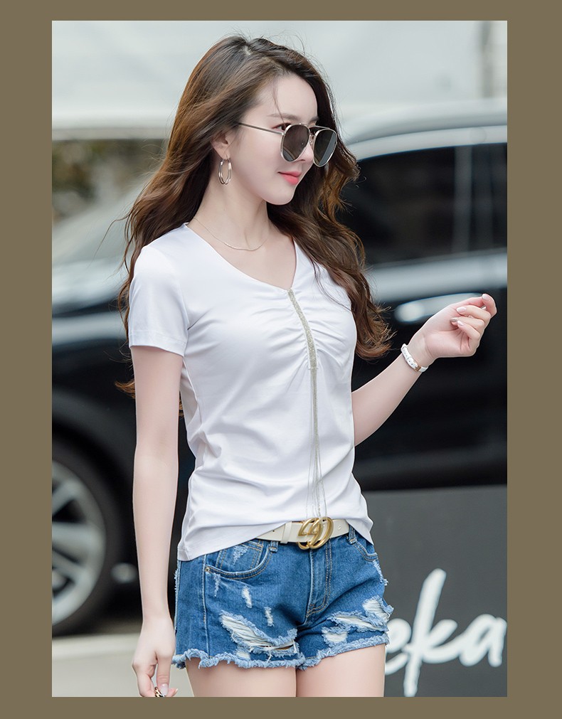 冰丝短袖女夏天新款上衣丝光棉t恤杉褶皱半袖体桖衫鸡心领下天衣服