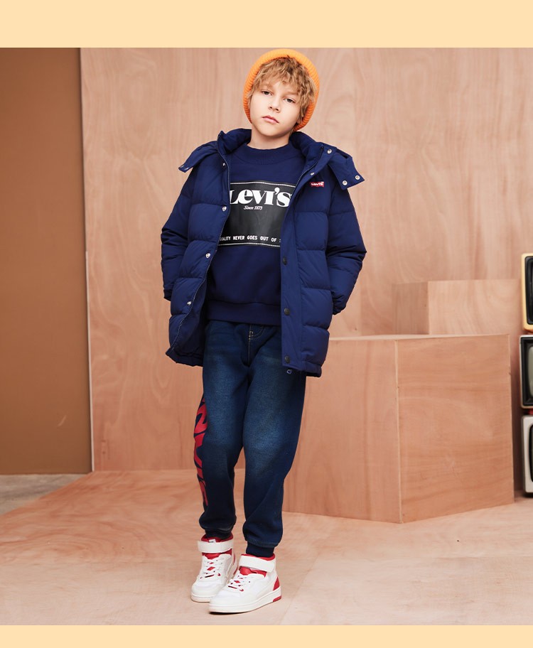 levis 李维斯童装男童中长款羽绒服2021冬季儿童保暖梭织上衣 正黑色