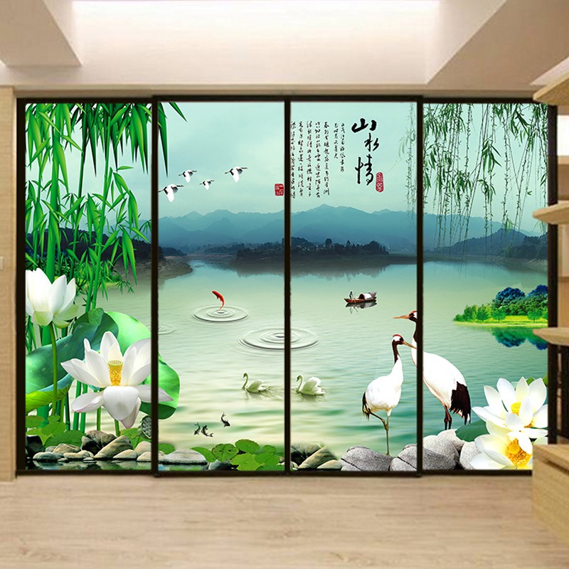 喜吉尔山水情移门玻璃贴纸自粘玻璃贴膜风景竹林推拉门窗户贴纸流水生