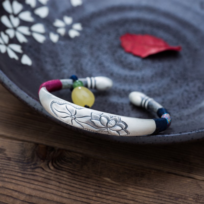 老凤凰 2021s999足银手镯女式银荷花莲花实心开口年轻款银镯子520母节