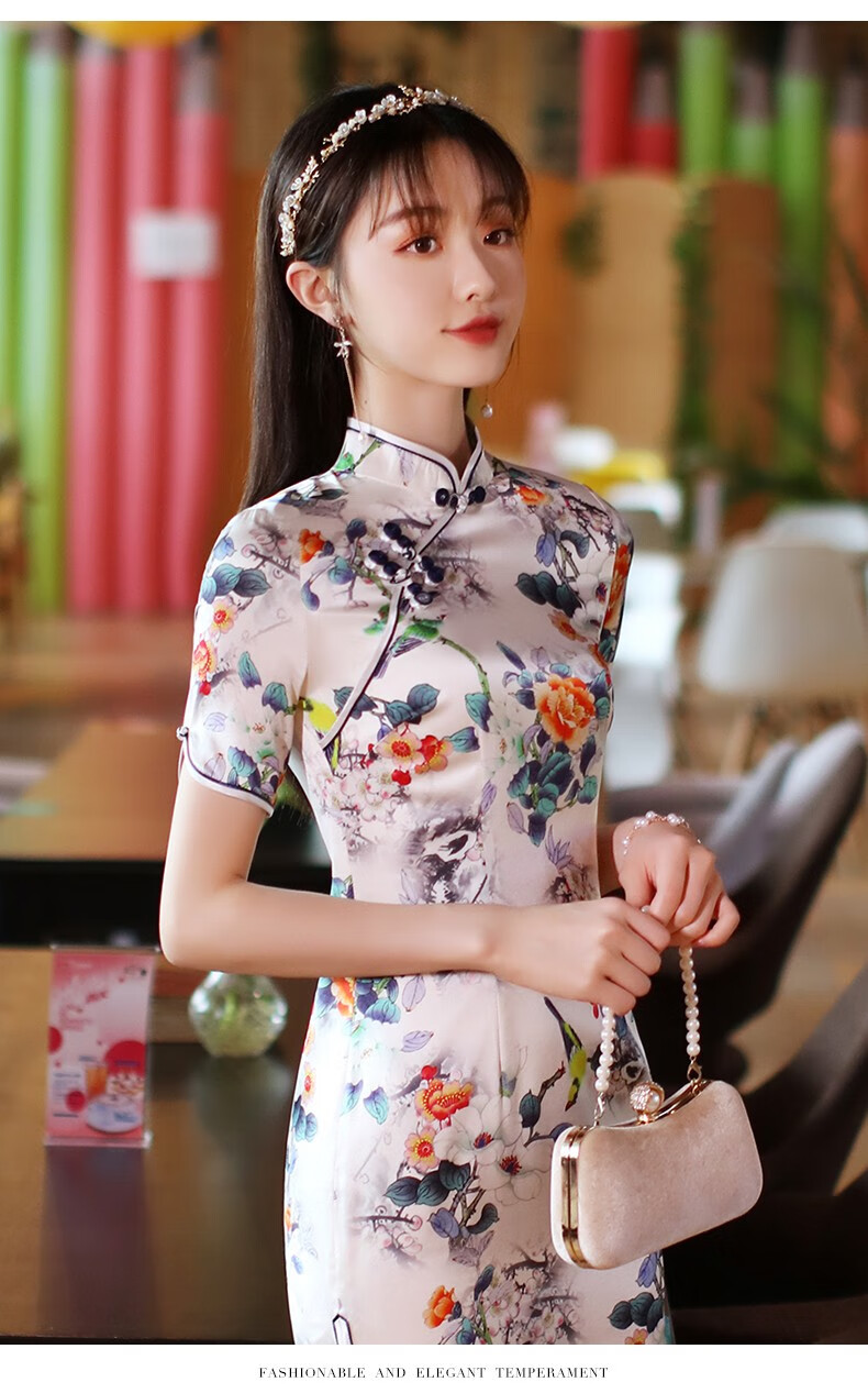 欧迪鸟品牌女装真丝旗袍女2021春夏新款中国风复古印花日常年轻款少女