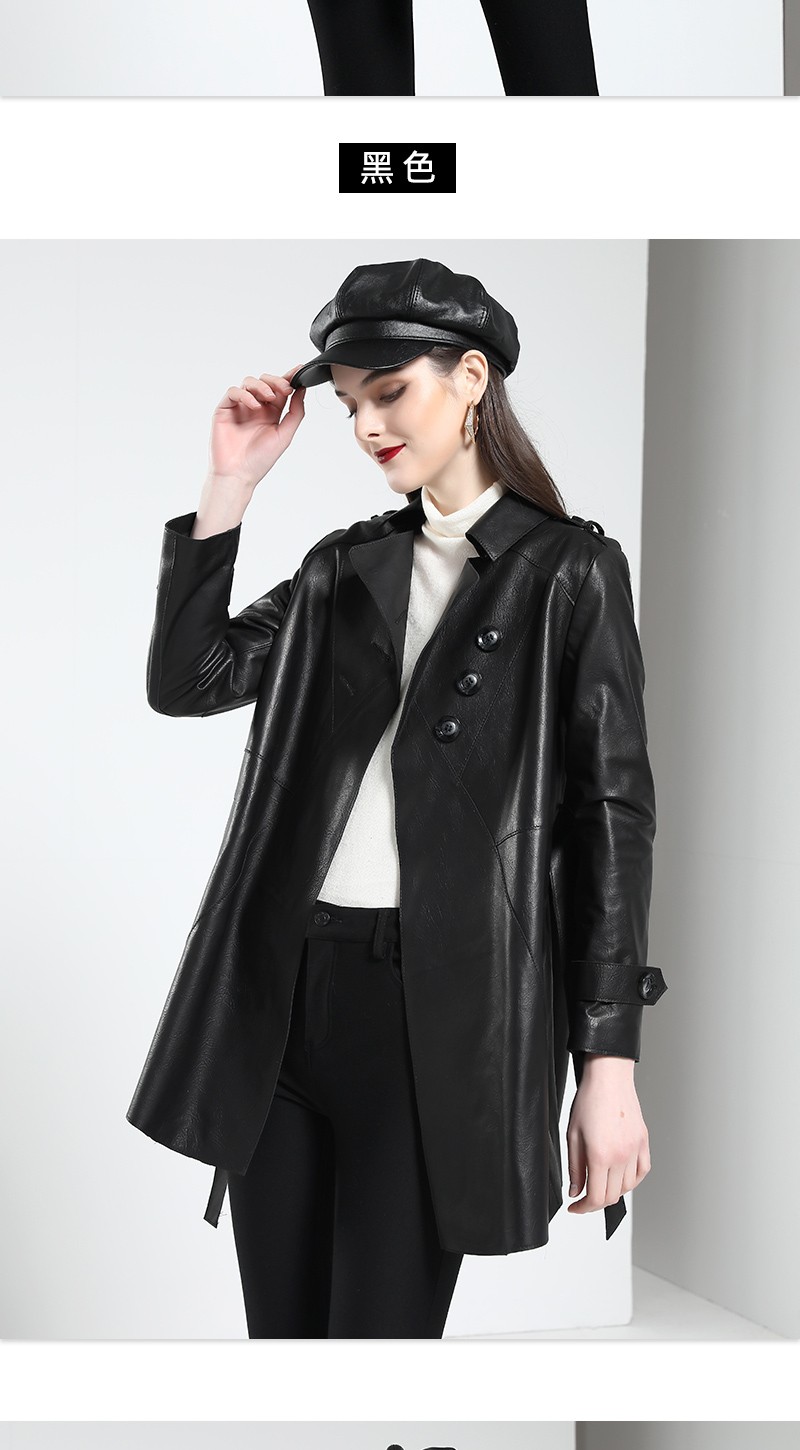 真皮皮衣女中长款2021新款春秋年轻款腰带绵羊皮单皮风衣外套黑色m