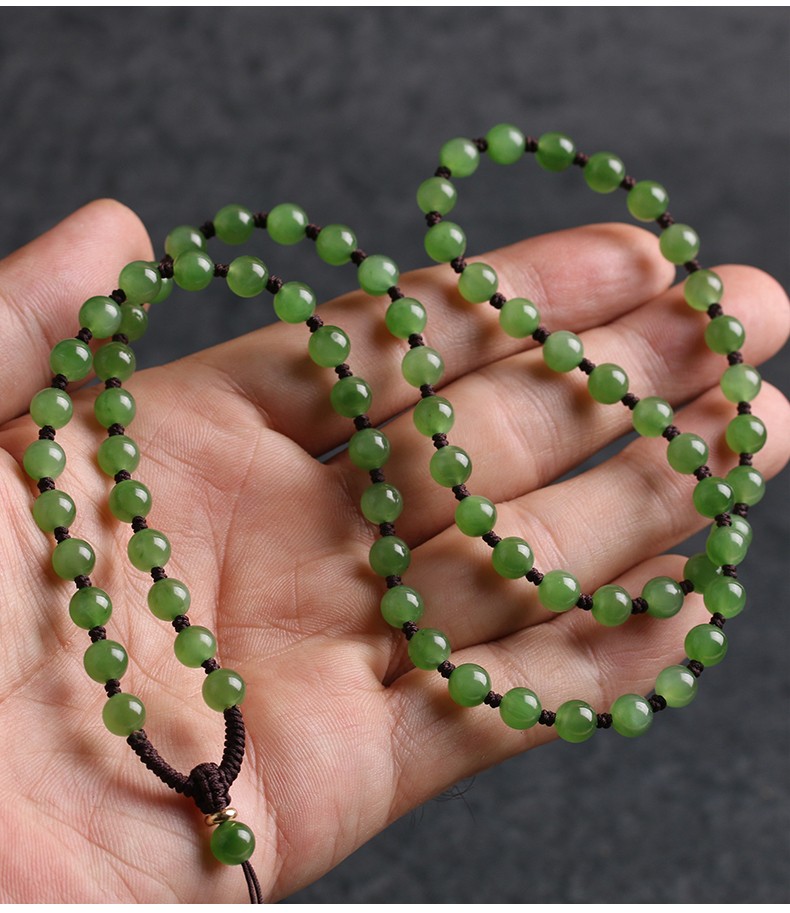 天然和田玉碧玉项链挂件绳手工编织珠链吊坠挂绳玉佩玉坠 和田碧玉珠