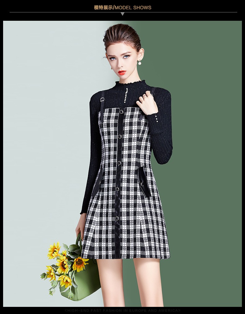 珂曼苏品牌女装套装冬装2021年新款针织衫气质格子吊带连衣裙淑女两件