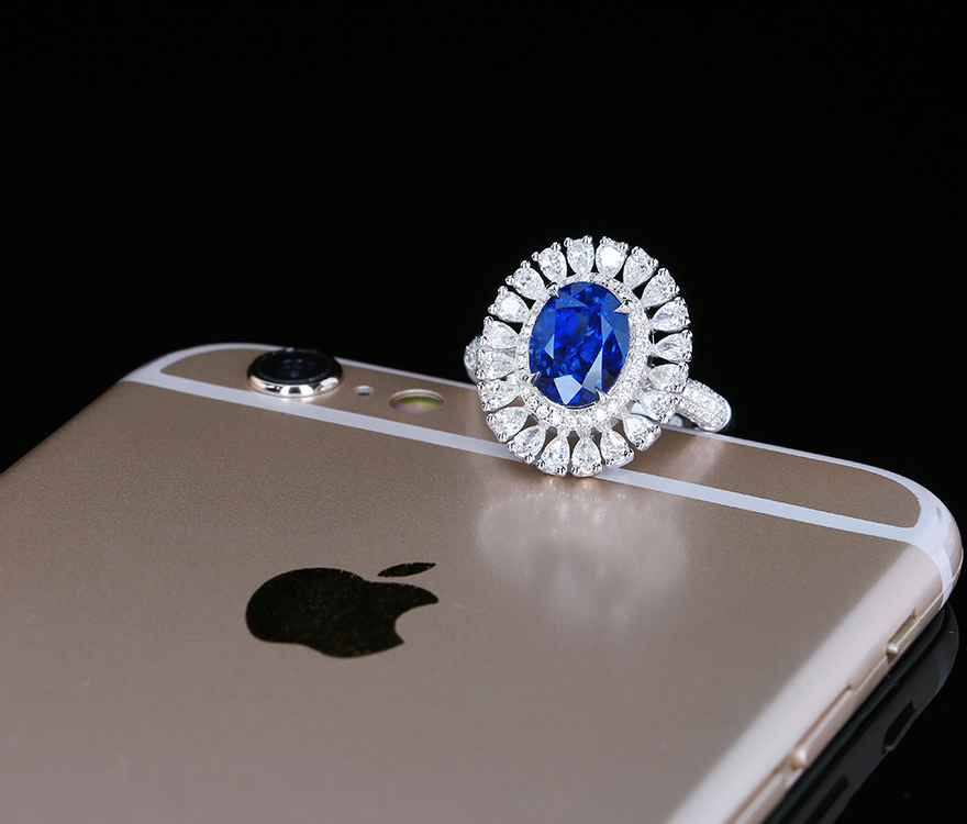 guild证书35克拉天然无烧马达加斯加蓝宝石戒指18k金镶嵌钻石