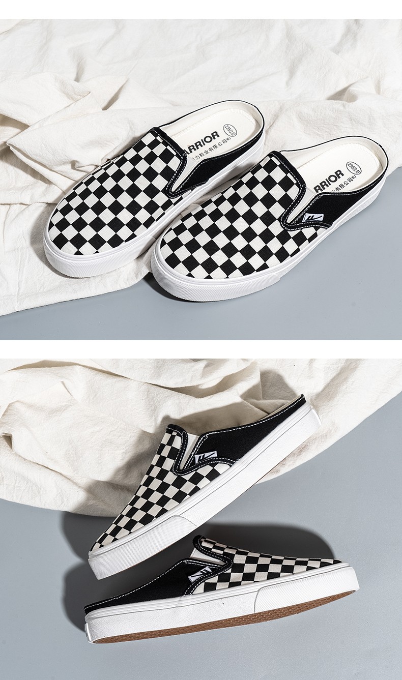 回力女鞋半托帆布鞋黑白棋盘格鞋春夏季无后跟一脚蹬懒人鞋透气轻质