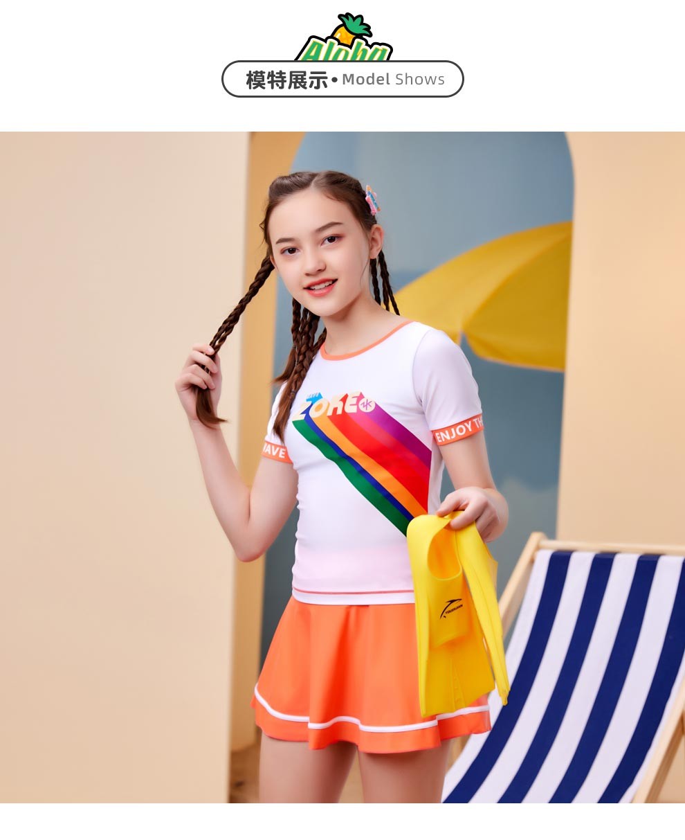 洲克zoke儿童泳衣女童运动训练泳装青少年速干舒适遮肚显瘦游泳衣白