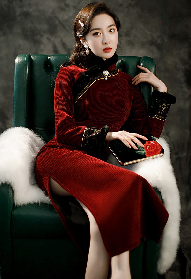 roysa婼飒品牌女装2021年冬季新款改良旗袍女中国风高端大气长袖加厚