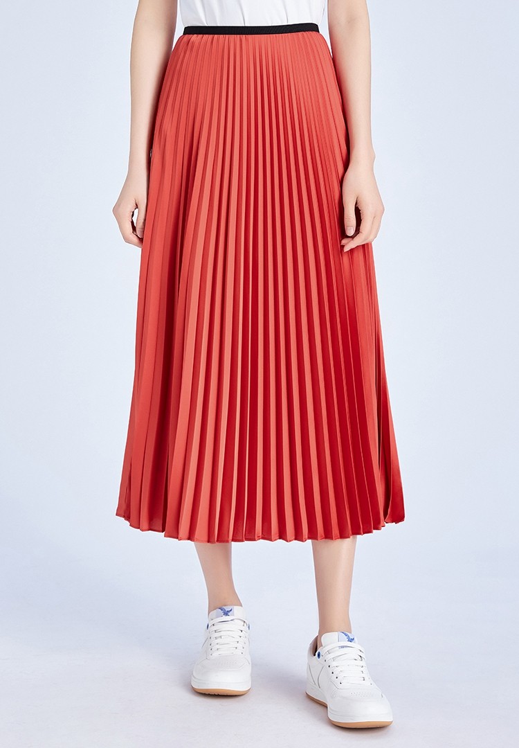 哥弟女装2021夏装新款松紧腰色丁中长款百褶裙高腰半身裙女8200045 黑