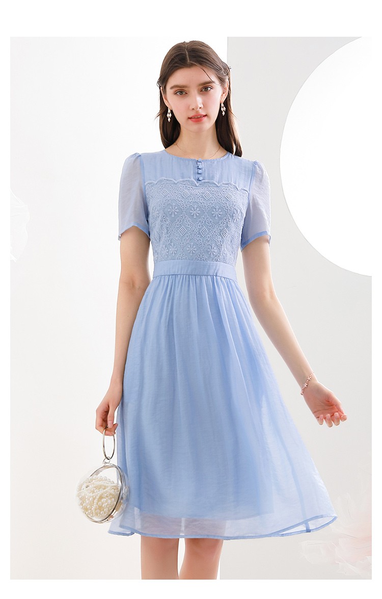 未风蓝色高端连衣裙女夏2021年夏季新款蕾丝高贵优雅气质短袖裙子