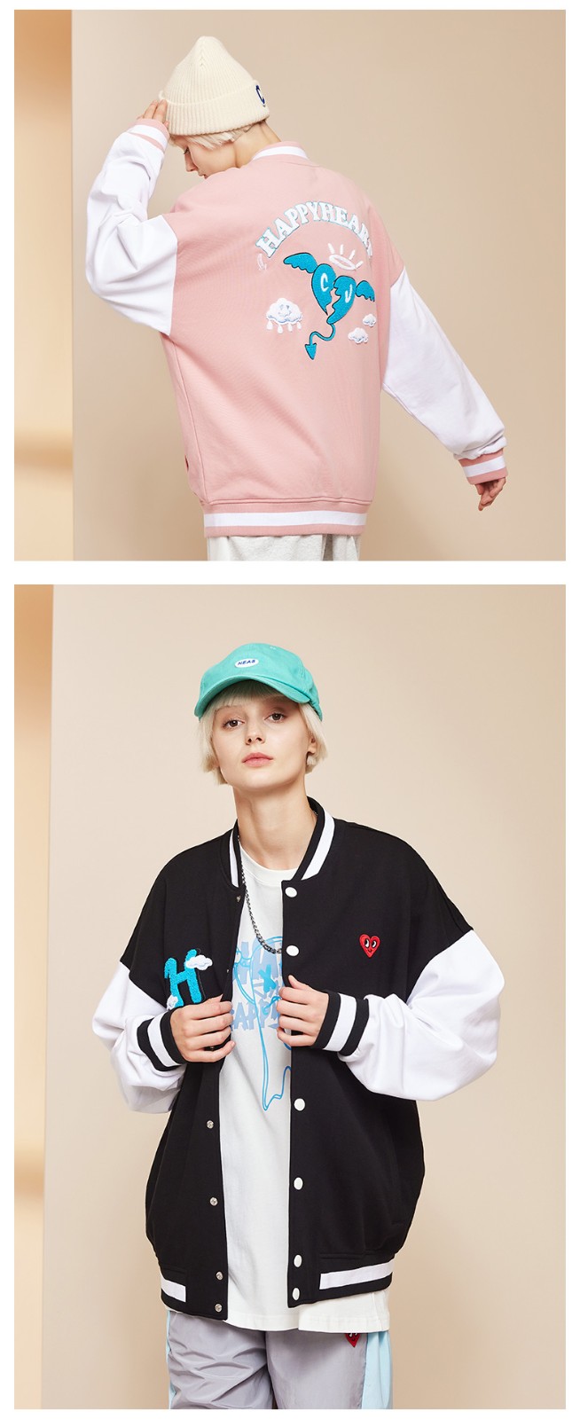 查尔斯桃心卡通心碎印花爱心logo棒球服夹克外套男女同款黑色s