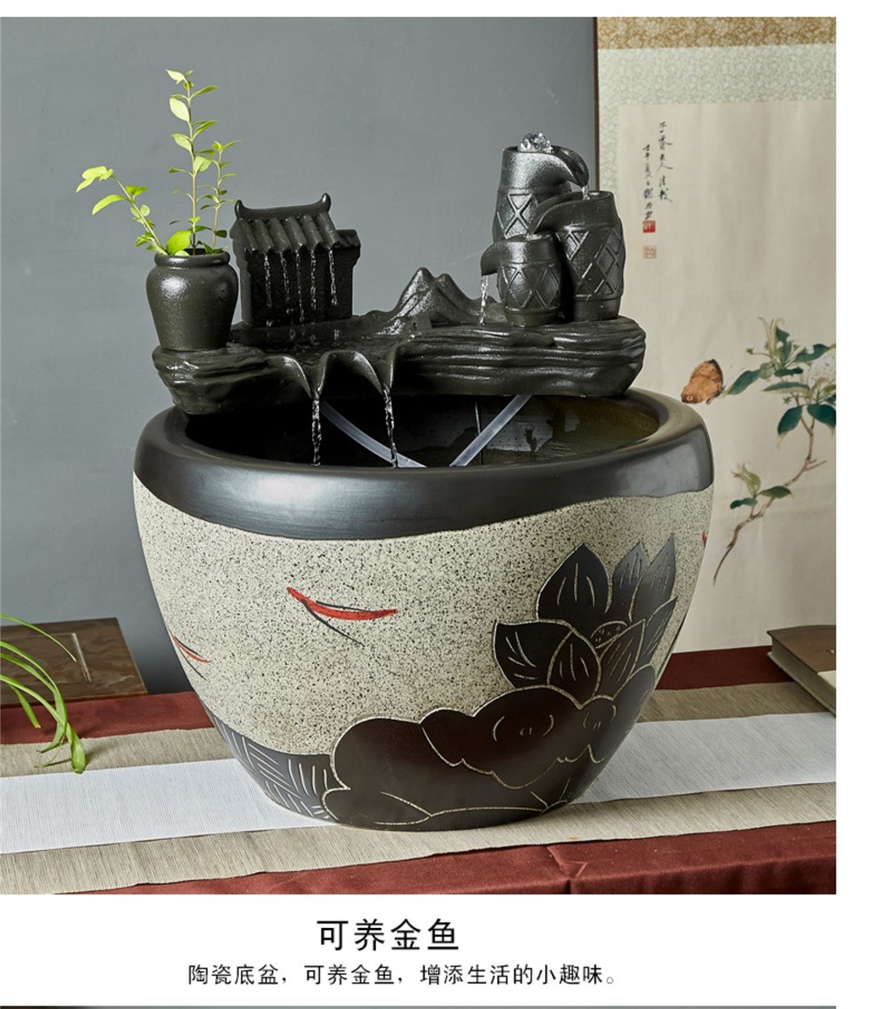 万匠阁大型陶瓷流水鱼缸摆件水缸阳台造景水循环鱼缸办公室客厅养鱼缸