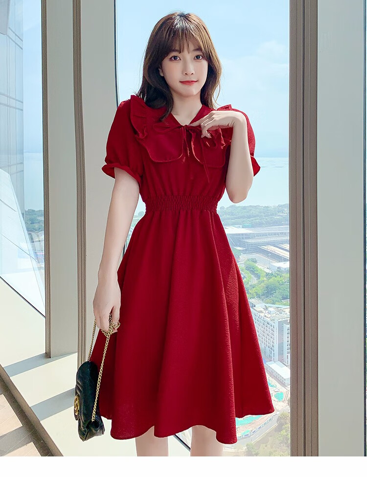 21年女装套装时尚雪纺红色连衣裙法式披肩收腰显瘦泡泡袖a字裙性感