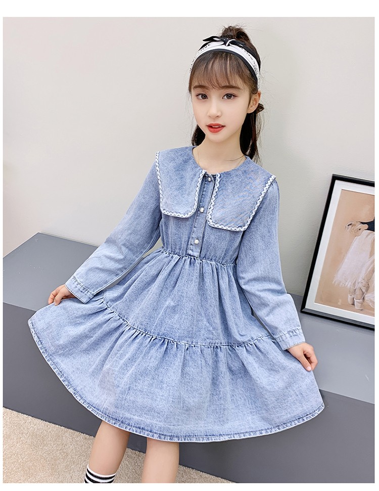连衣裙2021年新款洋气儿童春装牛仔裙子大童女孩春款公主裙 浅蓝色