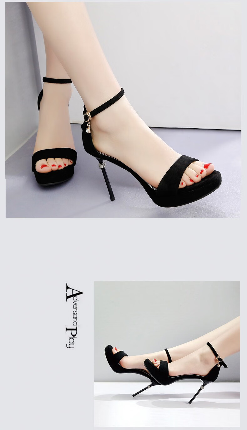 高跟凉鞋女 夏季新款绒面性感细跟高跟鞋防水台露趾女鞋水钻扣一字带
