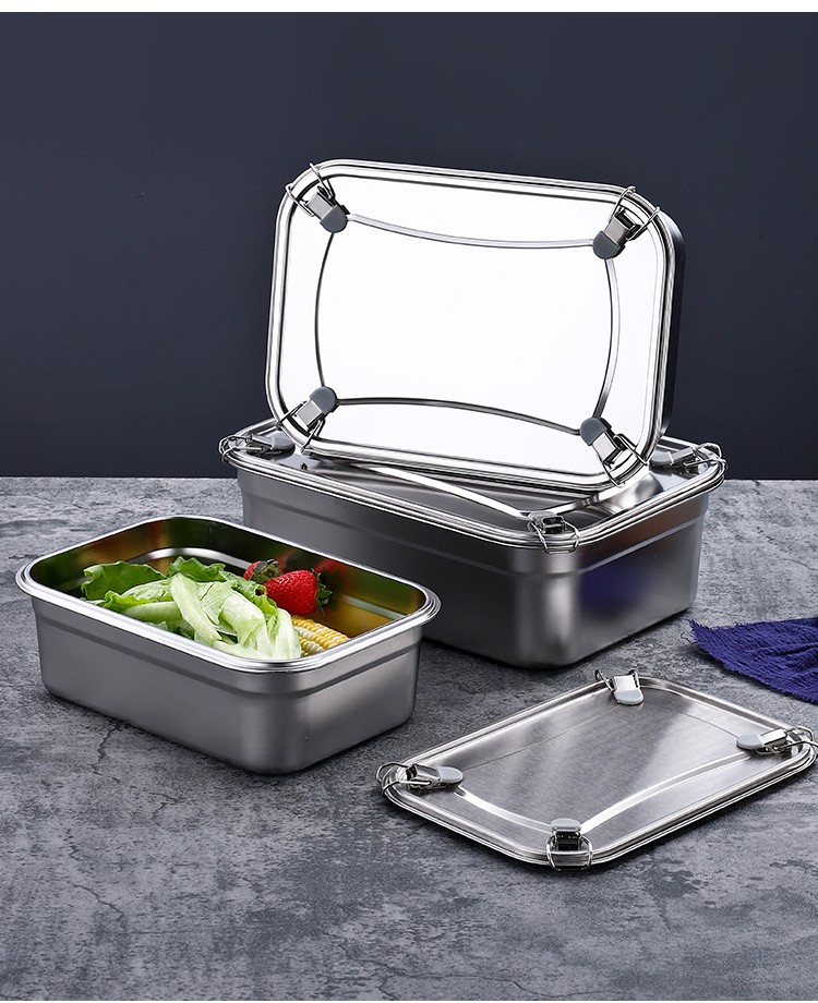304不锈钢保鲜盒带盖冰箱长方形大容量密封防漏收纳盒子商用餐4号带卡