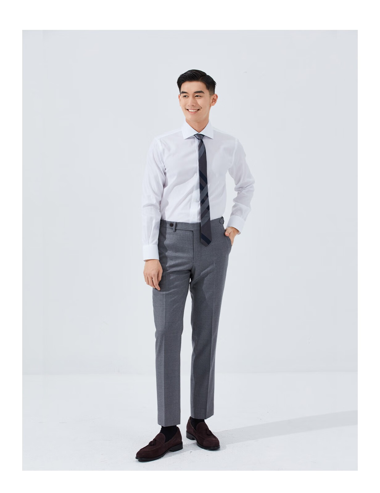 hany意式温莎领免烫长袖白衬衫男高领袖扣袖口复古男士西装衬衣秋丹宁