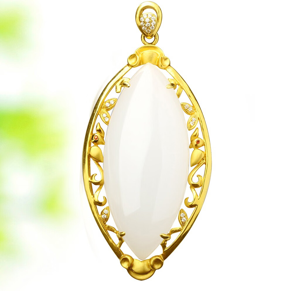 念玉珠宝18k黄金镶玉坠天然和田玉项链坠羊脂玉石白玉吊坠马眼形女款