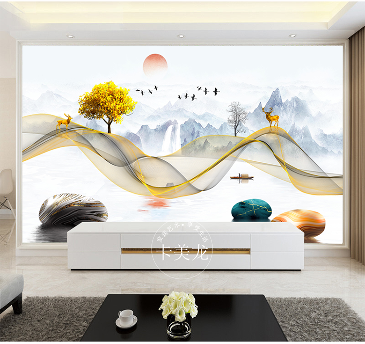 卡美龙电视背景墙壁画新中式山水画线纹鹿8d水晶立体壁纸3d现代客厅
